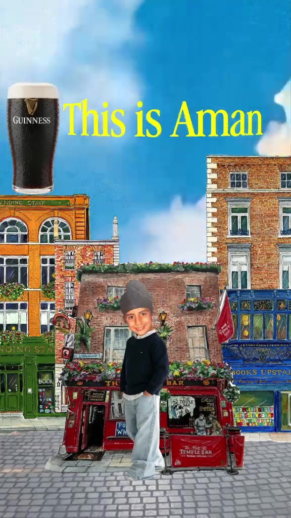 Illustrated Aman as a child outside a Dublin pub
